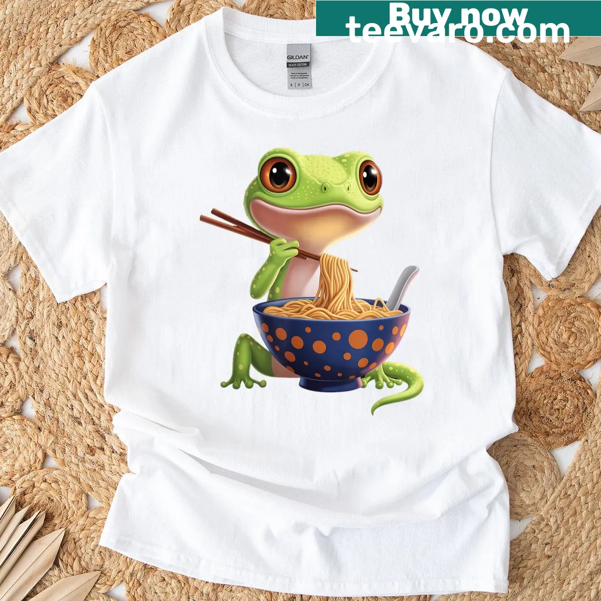 T-shirt illustrating a gecko with ramen, blending animal and food themes — on a men's t-shirt