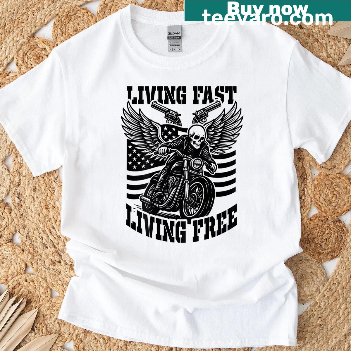 Skeleton graphic T-shirt for motorcycle enthusiasts — on a men's t-shirt
