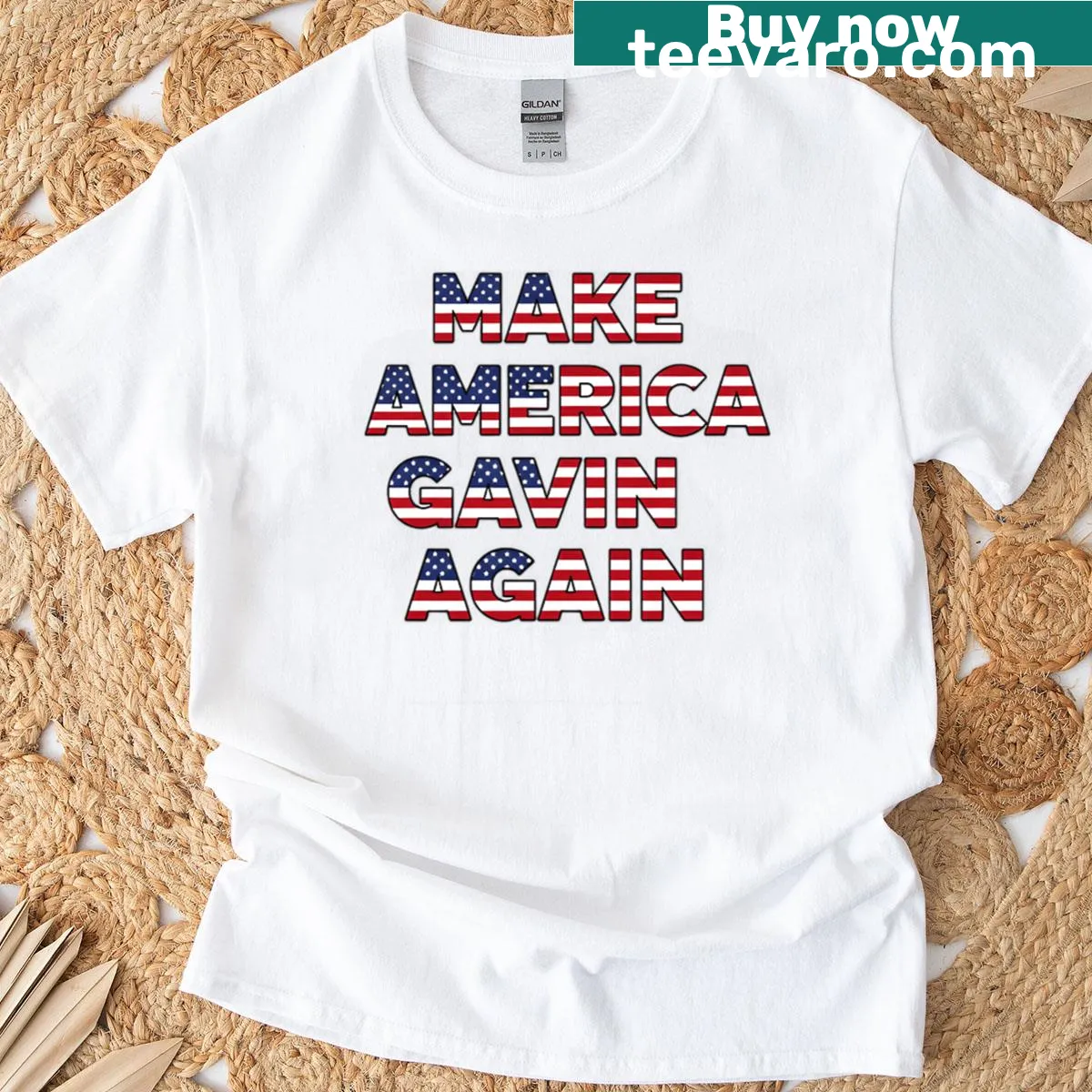 Humorous t-shirt with 'Make America Gavin Again' text for political satire. — on a men's t-shirt