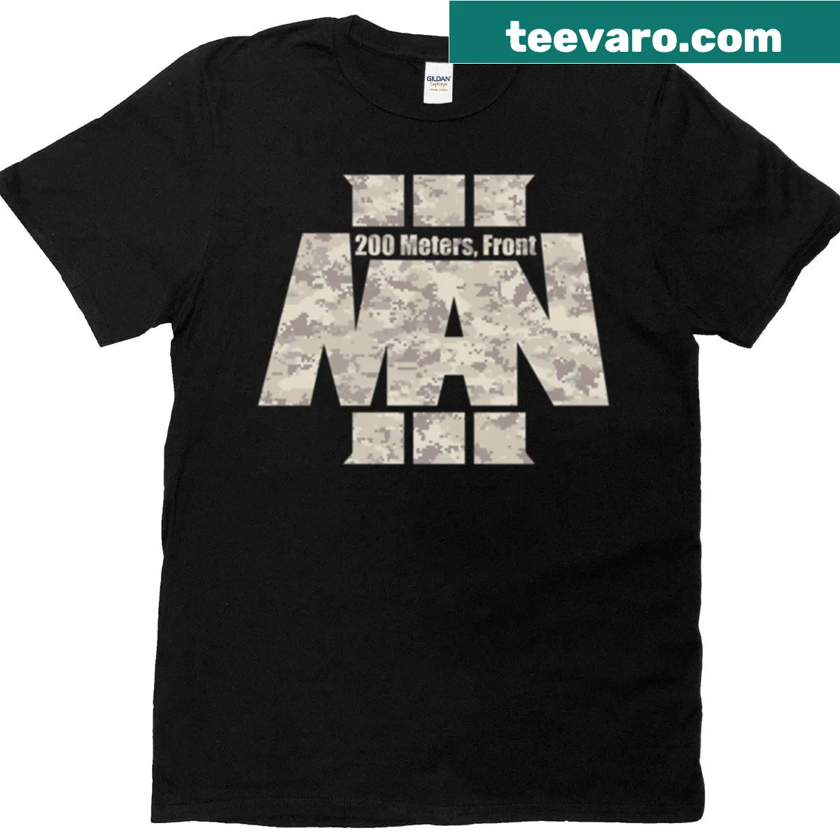 Gaming t-shirt featuring 'Man 200 Meters Front' text and playful logo — on a men's t-shirt