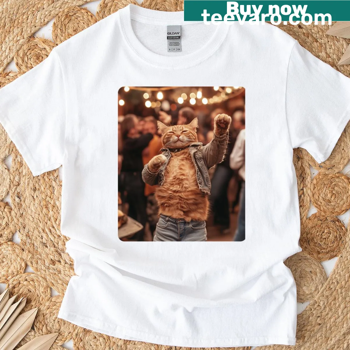 Cartoon dancing cat meme t-shirt — on a men's t-shirt