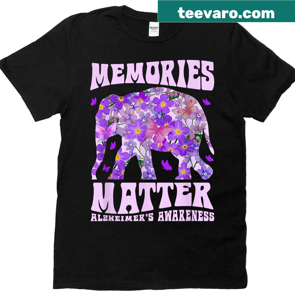 T-shirt featuring an elephant and purple ribbon for Alzheimer's awareness — on a men's t-shirt