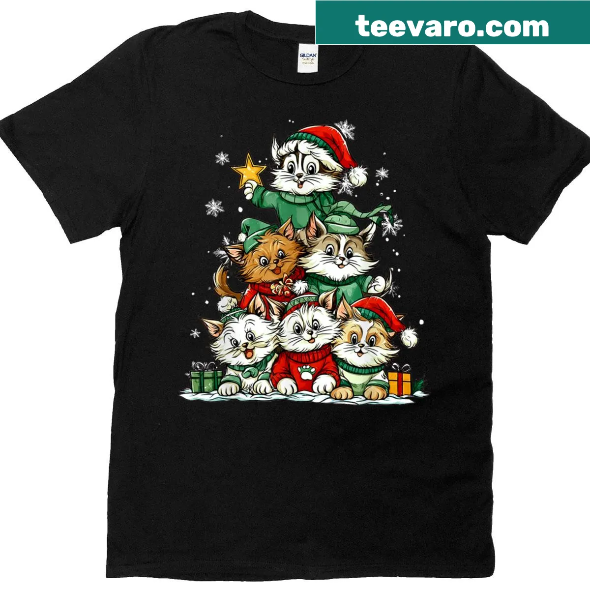Cute cat graphic with Christmas tree for holiday tee — on a men's t-shirt