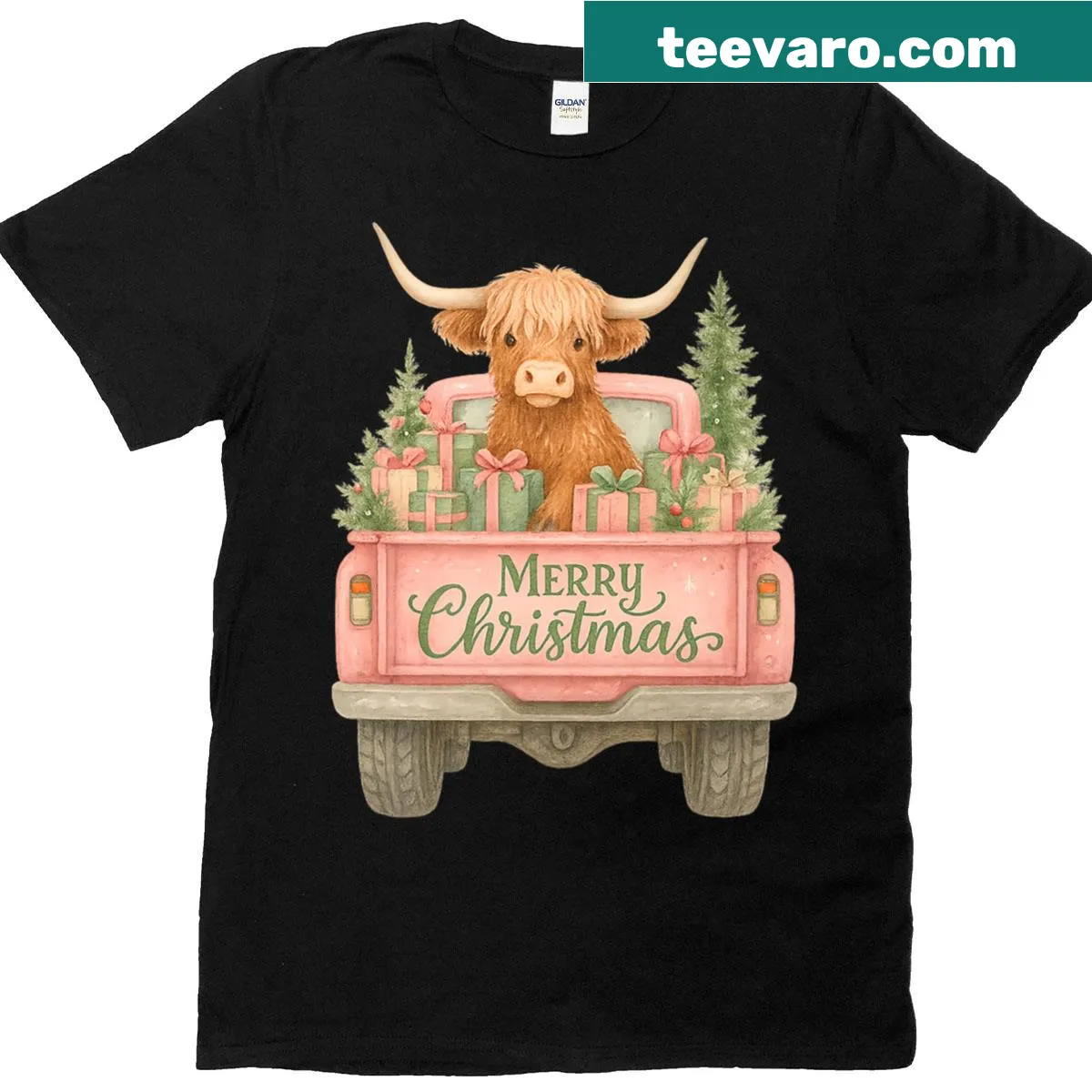 Cute Christmas cow truck graphic for festive t-shirt — on a men's t-shirt