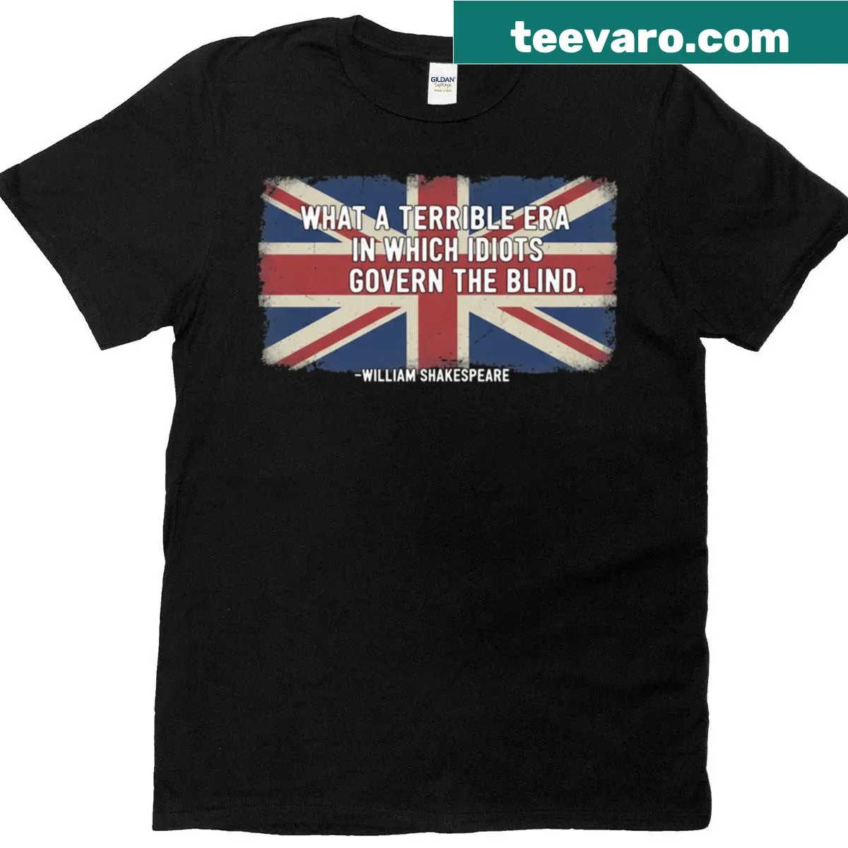 Minimalist T-shirt featuring a Shakespeare quote and Union Jack design — on a men's t-shirt