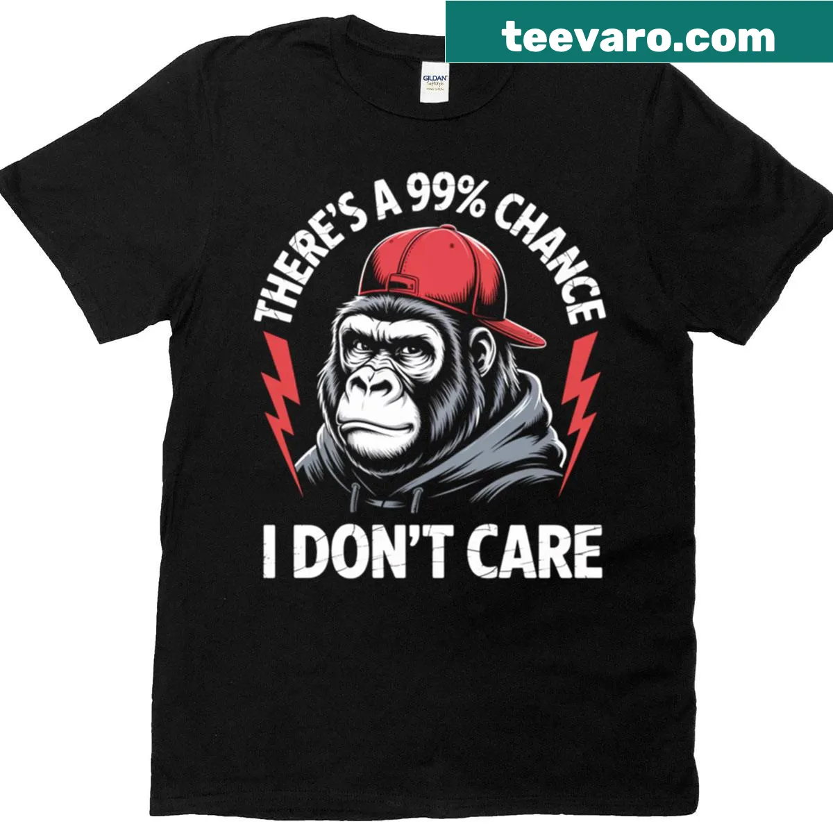 Graphic tee with monkey and text: 99% Chance I Don't Care — on a men's t-shirt
