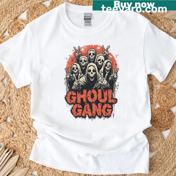 Cartoon graphic of ghouls and monsters on a T-shirt