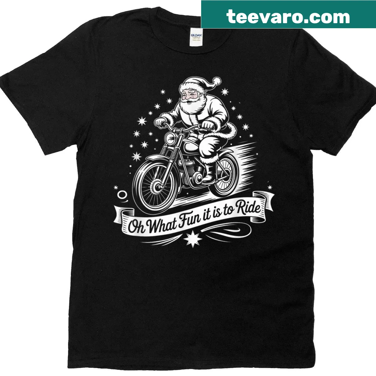 Santa on a motorcycle with the text 'Oh What Fun It Is To Ride' — on a men's t-shirt