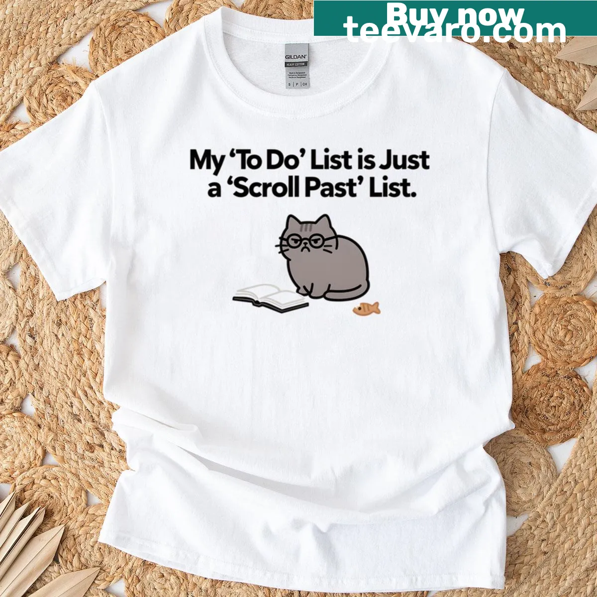 Grumpy Cat illustration with humorous text on a relaxed oversized T-shirt — on a men's t-shirt