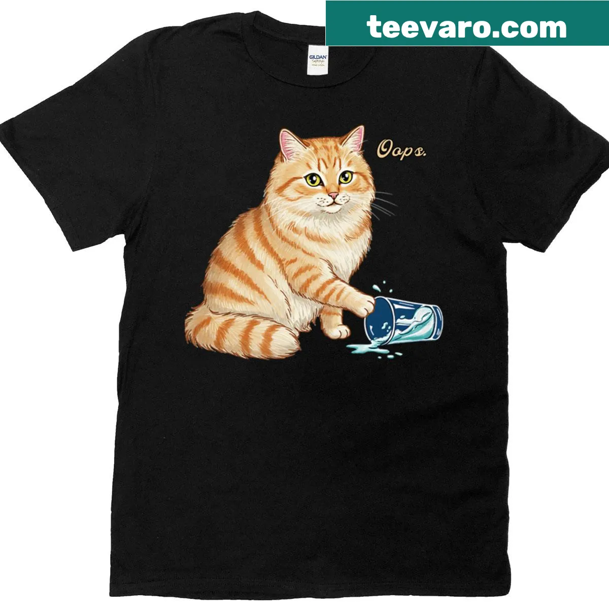 Cartoon of a naughty orange tabby cat spilling water on t-shirt. — on a men's t-shirt