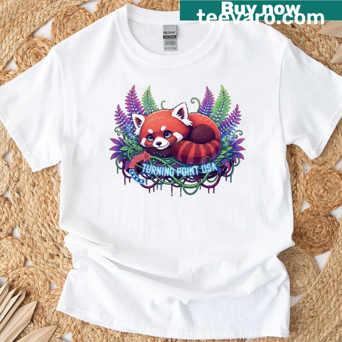 Illustration of a red panda napping in a neon forest on a T-shirt — on a men's t-shirt