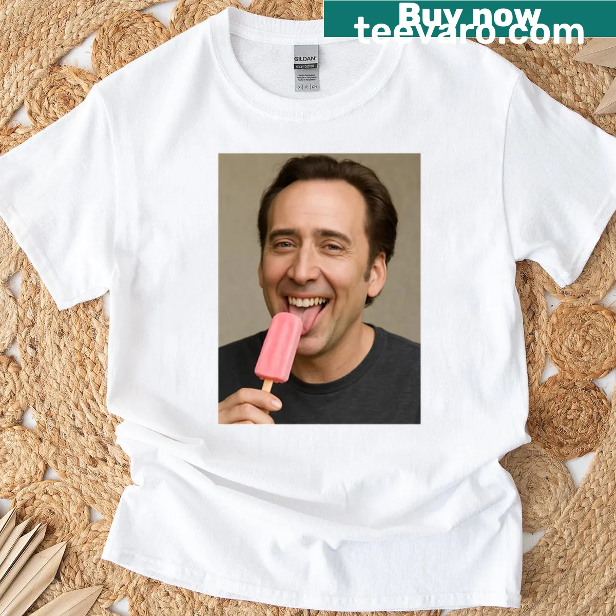 Funny t-shirt with Nicolas Cage licking a popsicle graphic — on a men's t-shirt