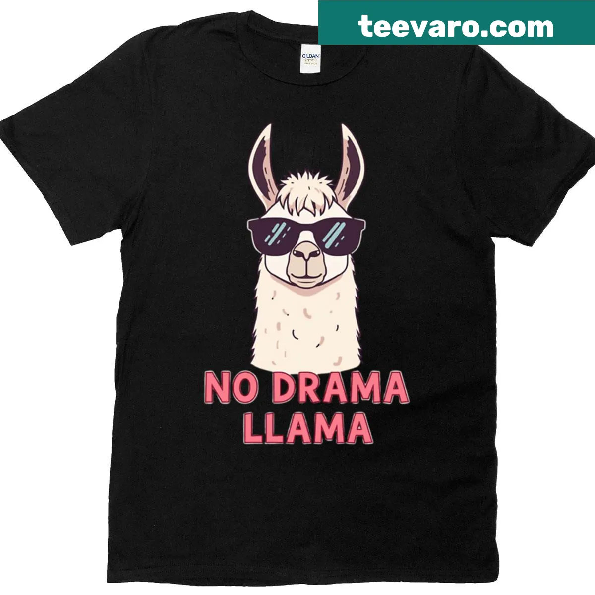 Cartoon llama wearing sunglasses with the text 'No Drama Llama' — on a men's t-shirt