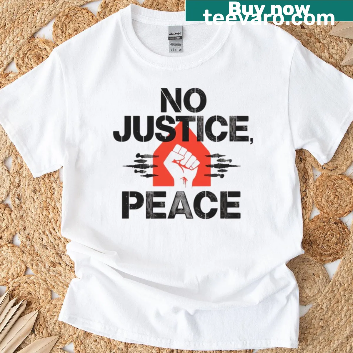 Social justice activist T-shirt with No Justice No Peace text — on a men's t-shirt
