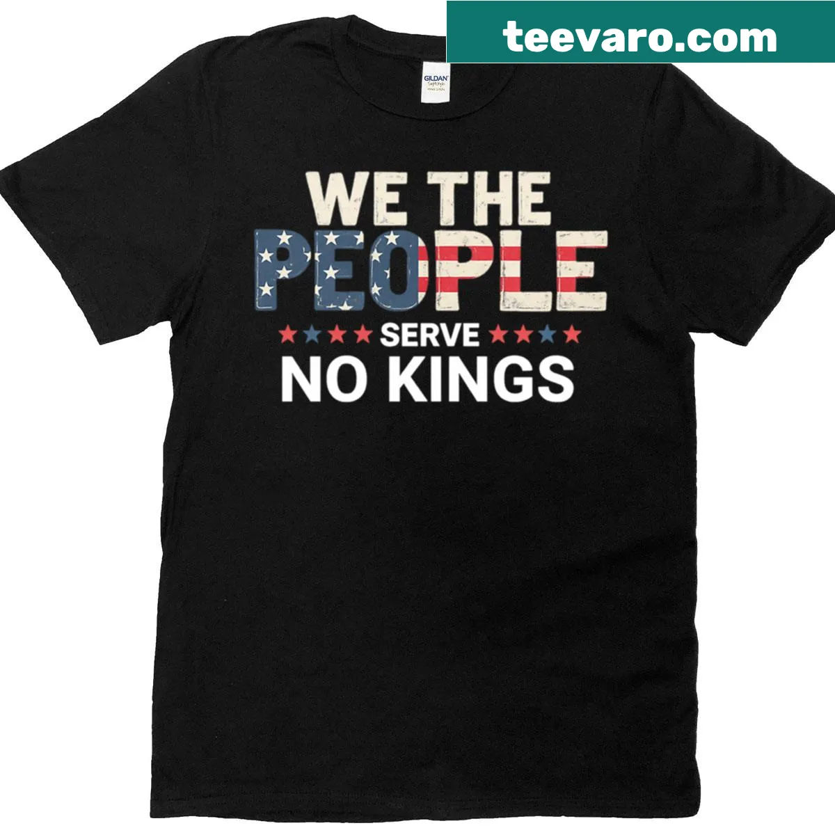 Patriotic t-shirt with 'No Kings In America' text — on a men's t-shirt