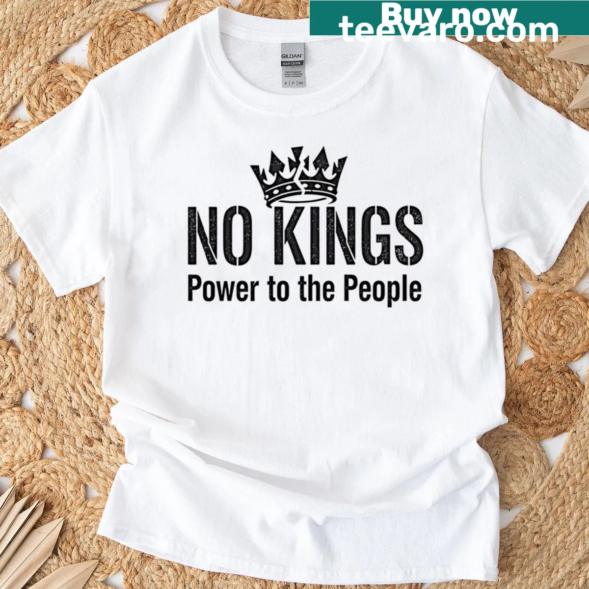Graphic tee with 'No Kings' text promoting anti-authoritarian sentiment. — on a men's t-shirt