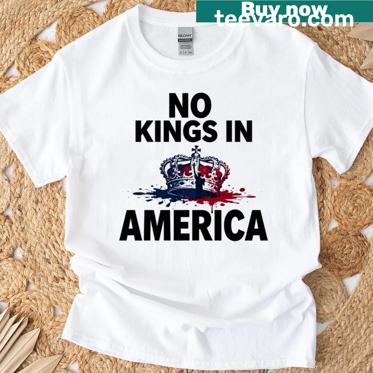 Patriotic T-shirt with the text 'No Kings In America' in bold typography — on a men's t-shirt