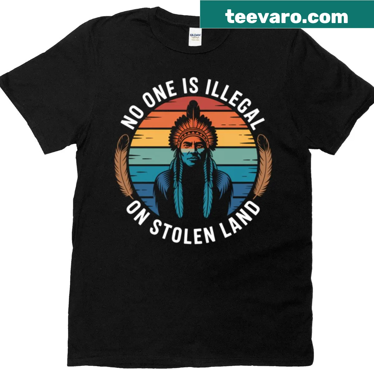 Bold T-shirt with a statement on indigenous rights and land issues. — on a men's t-shirt