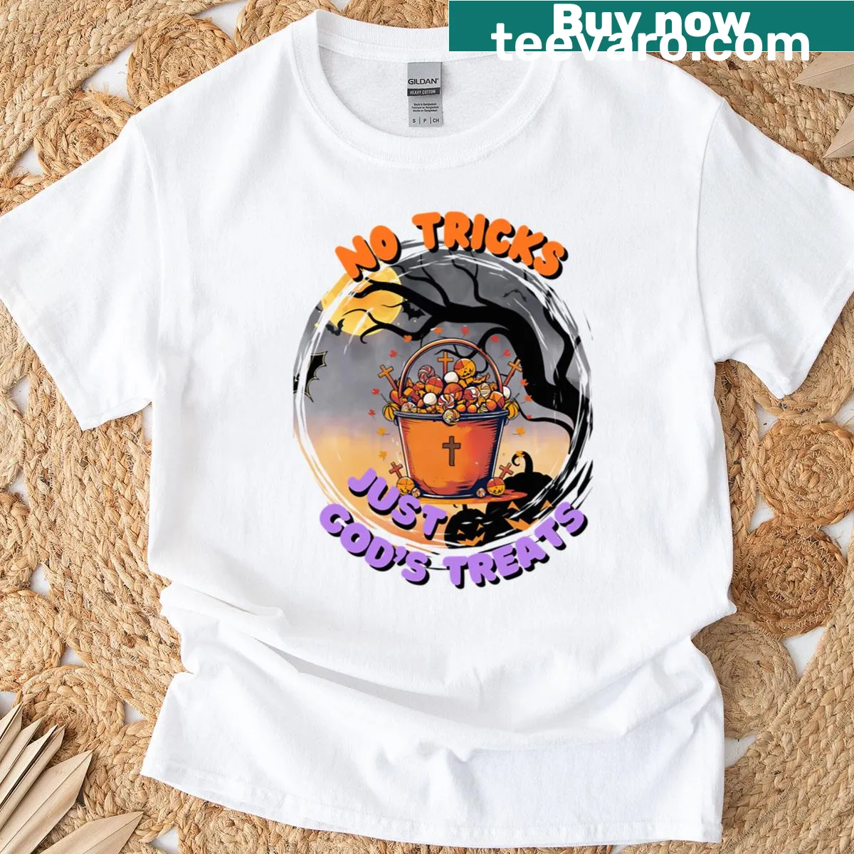 Oversized tee with the phrase 'No Tricks Just Gods Treats' in playful font. — on a men's t-shirt