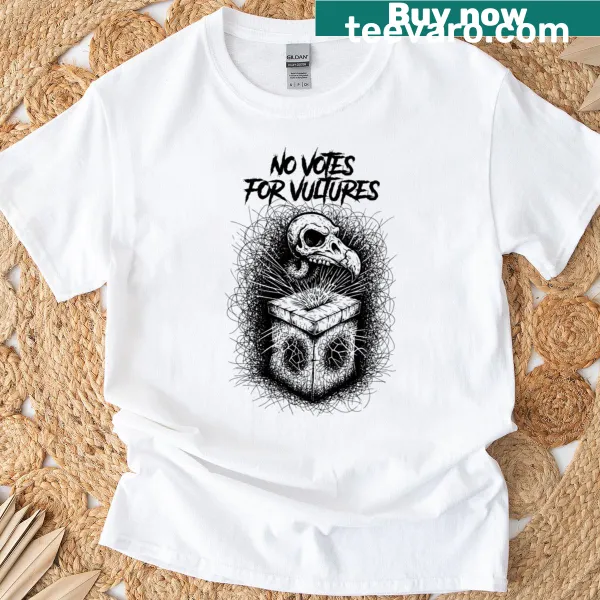 Distorted grindcore art with 'No Votes For Vultures' text on t-shirt