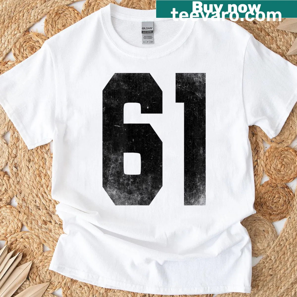 Number 61 printed on the front and back of t-shirt — on a men's t-shirt