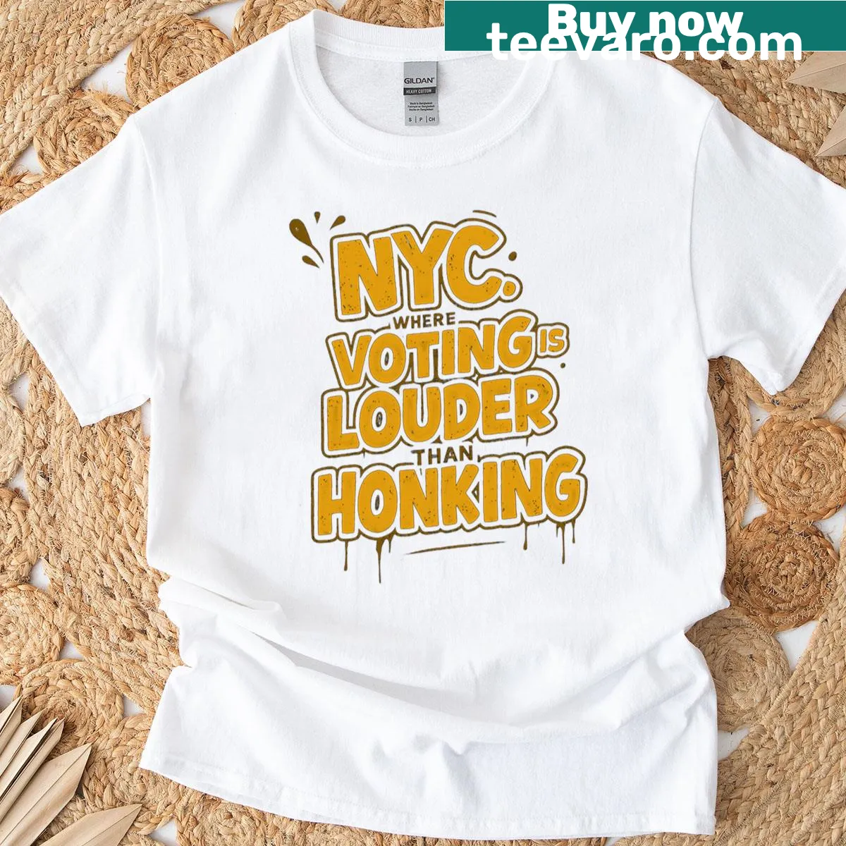 Graffiti-style T-shirt with voting message against honking — on a men's t-shirt
