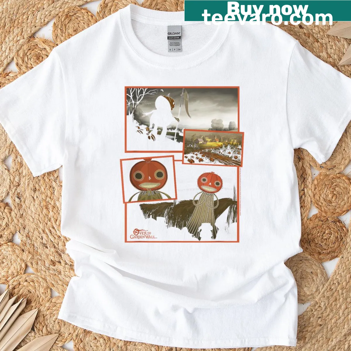 Spooky cartoon pumpkin people collage T-shirt — on a men's t-shirt