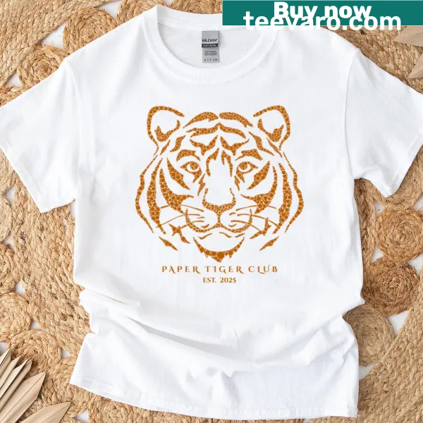 T-shirt featuring a friendly Paper Tiger Club design