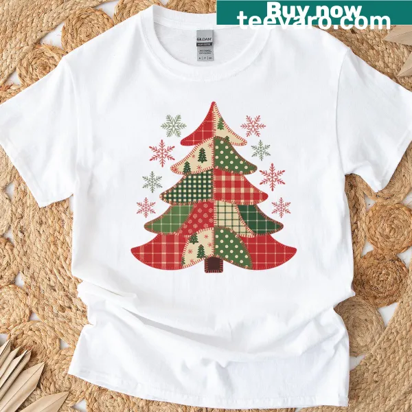 Patchwork style Christmas tree t-shirt celebrating holiday cheer.
