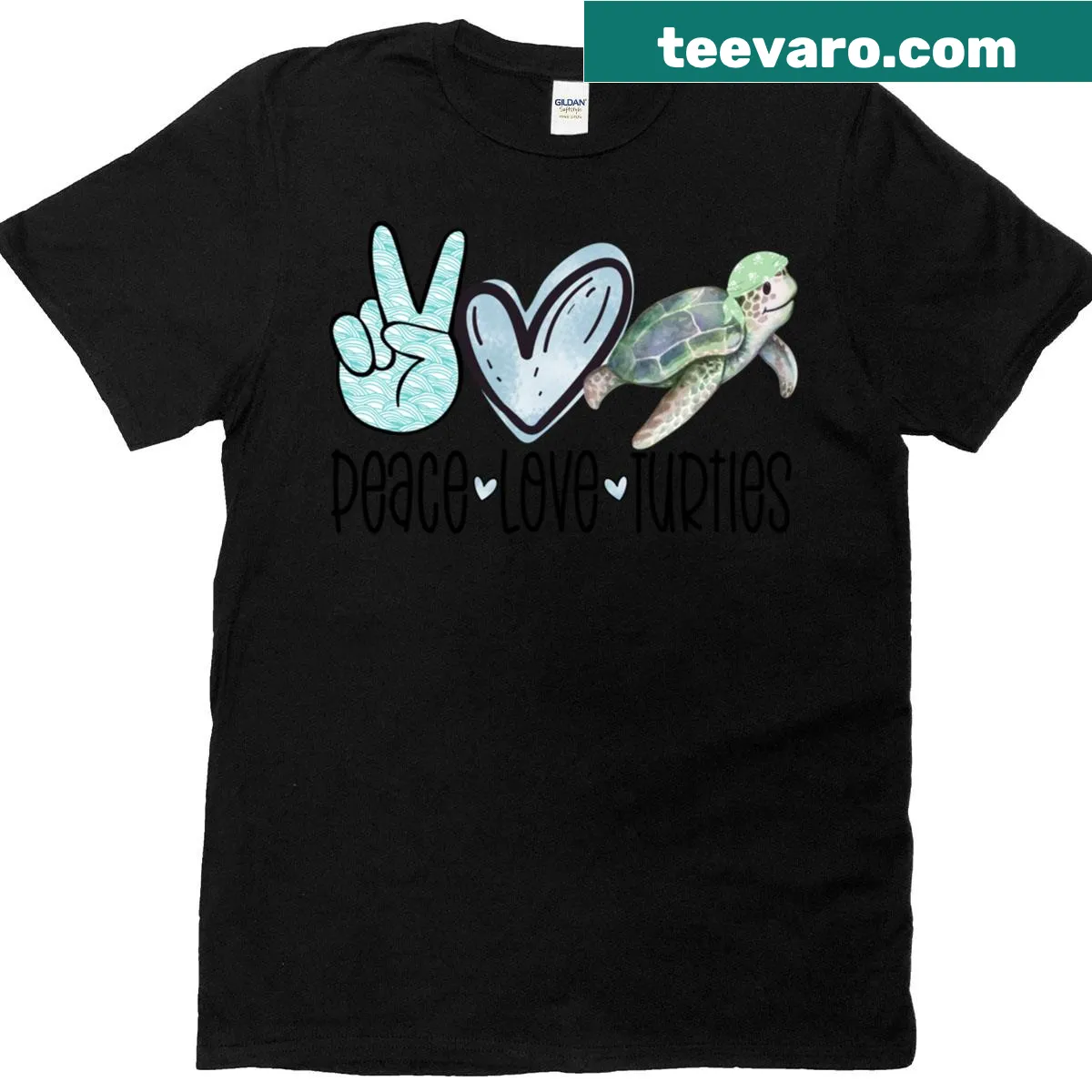 Illustrated t-shirt featuring turtles with a peace and love theme — on a men's t-shirt