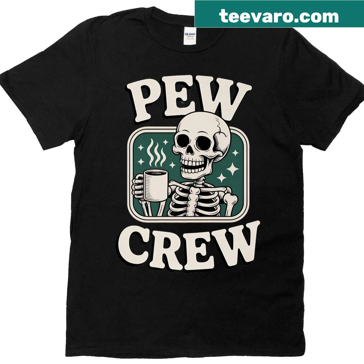Skeleton with coffee graphic for church-themed t-shirt — on a men's t-shirt