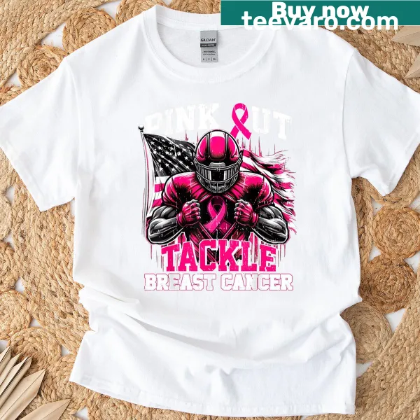 Illustrative T-shirt showing football players with pink breast cancer awareness ribbon