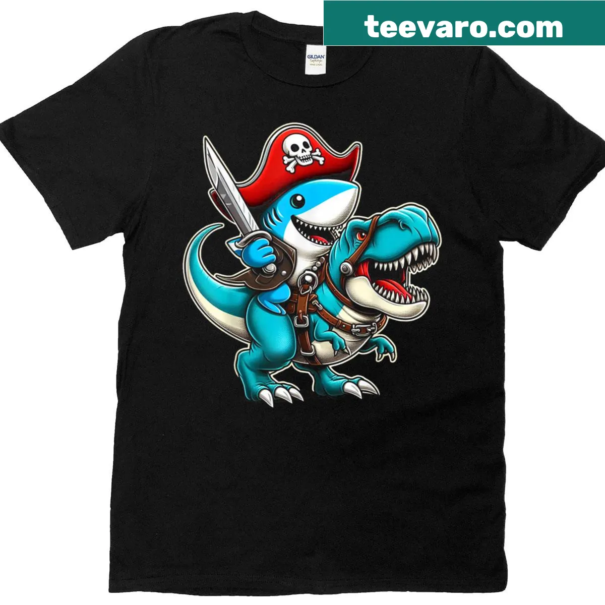 Illustration of a pirate shark riding a T-Rex dinosaur — on a men's t-shirt