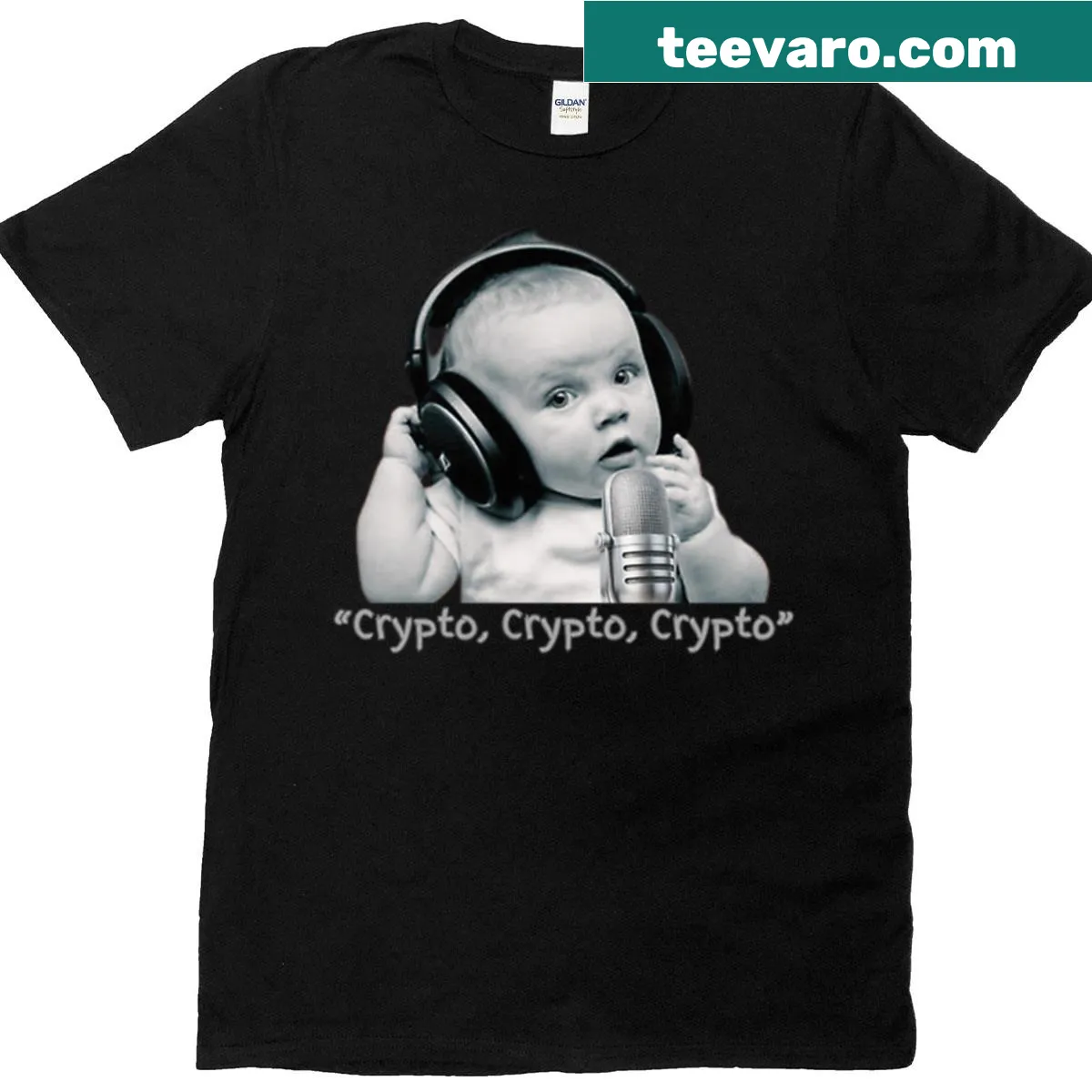 Cute toddler t-shirt with funny baby and crypto currency graphics — on a men's t-shirt