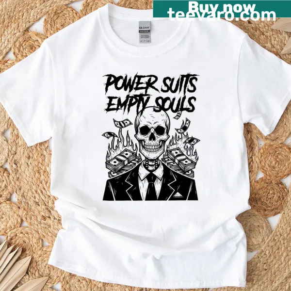 Skeleton in a suit graphic on a T-shirt conveying modern life's grind.