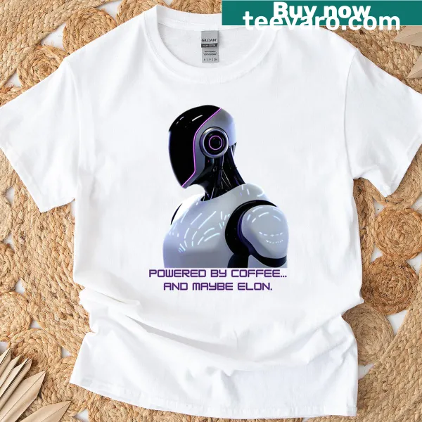 Humanoid robot graphic t-shirt powered by coffee in whimsical art style.