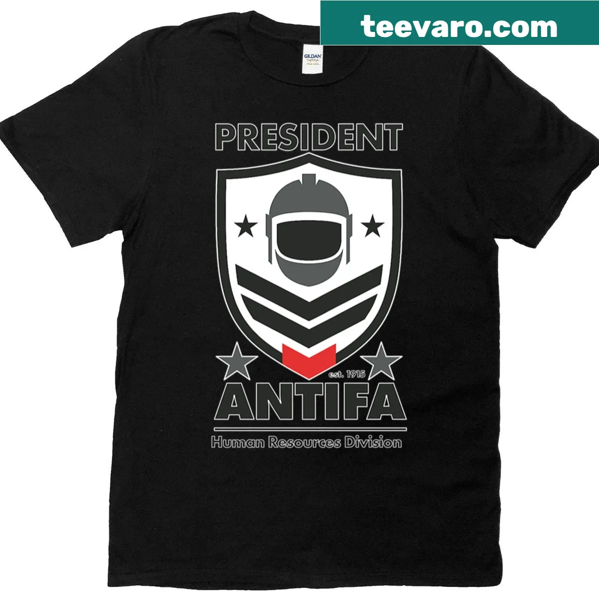Satirical T-shirt declaring President of Antifa HR Division — on a men's t-shirt