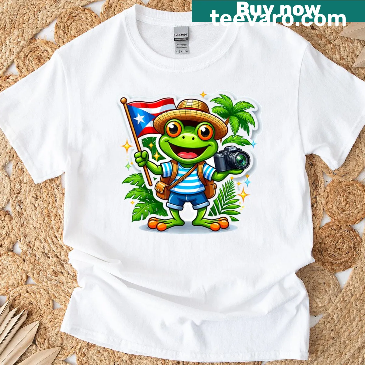 Cute travel T-shirt featuring a Coqui frog from Puerto Rico — on a men's t-shirt
