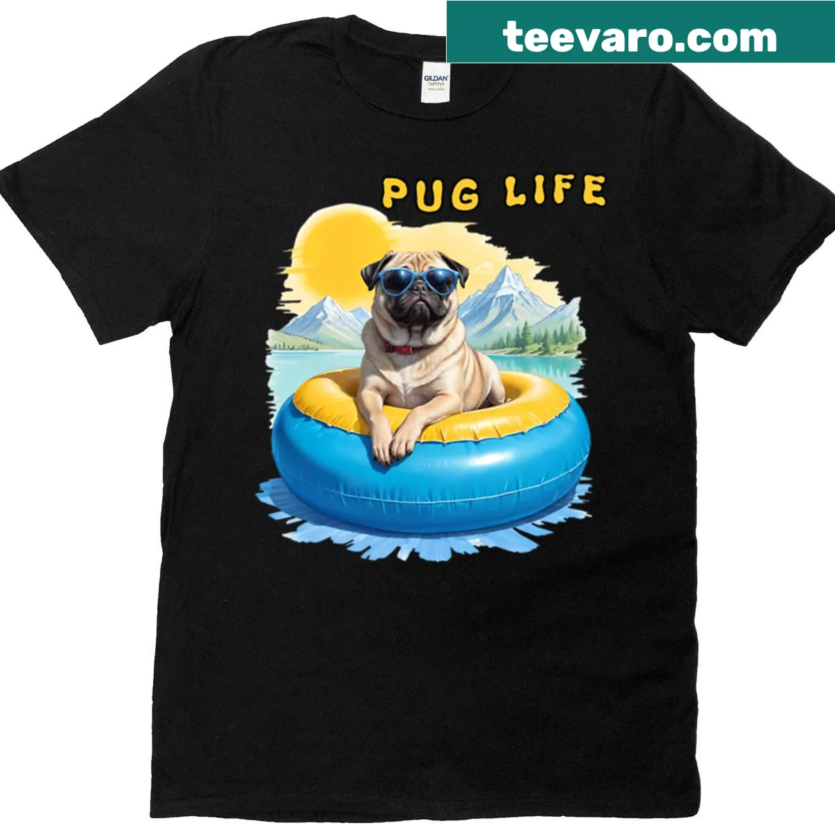 Cartoon pug wearing sunglasses on a funny T-shirt — on a men's t-shirt