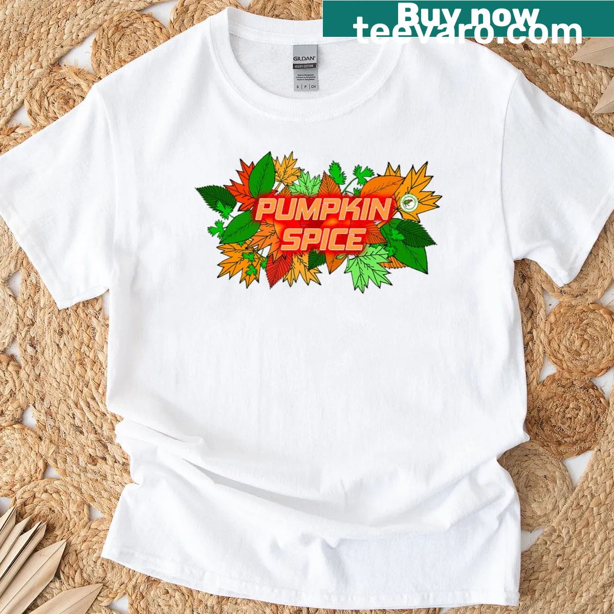 Whimsical pumpkin spice-themed illustration on a t-shirt — on a men's t-shirt