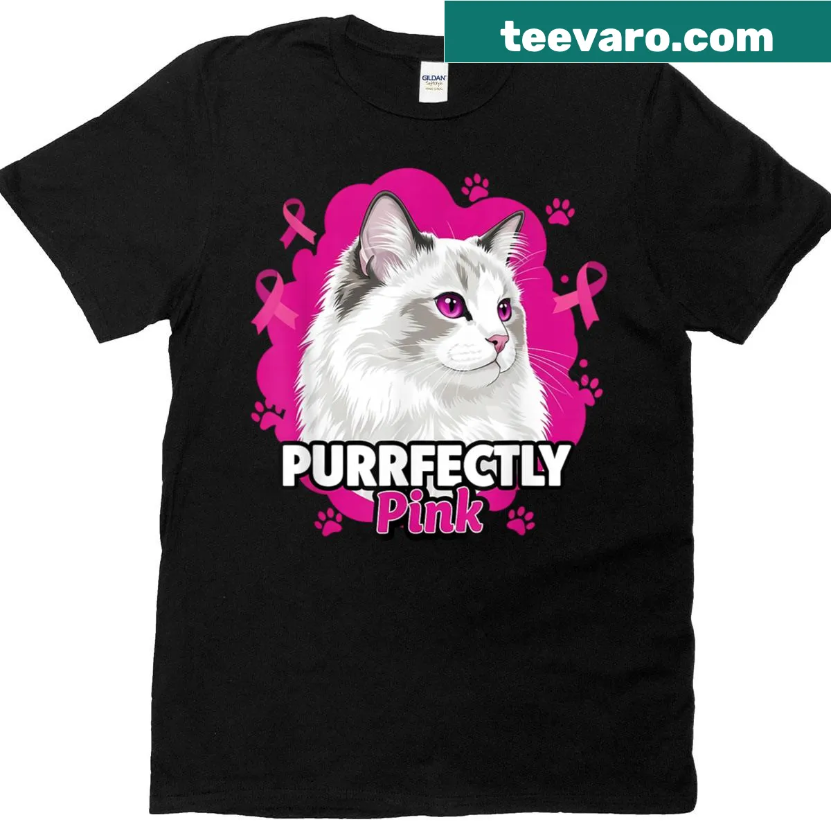 Pink cancer awareness tee with cat-themed graphic — on a men's t-shirt