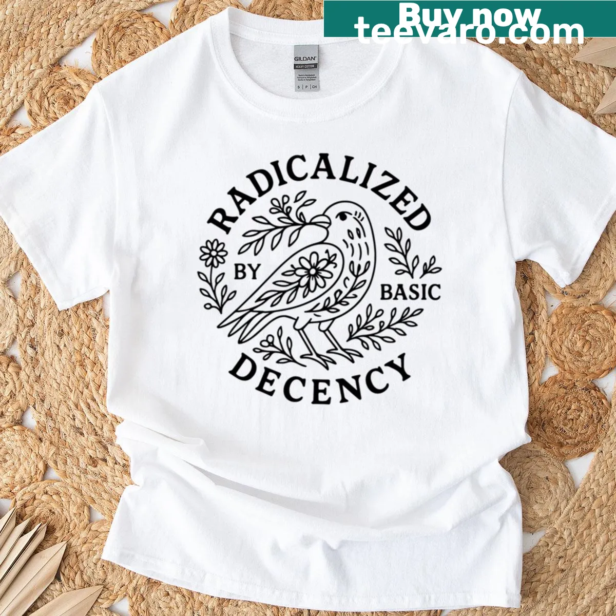 Retro T-shirt with boho flower and bird design — on a men's t-shirt