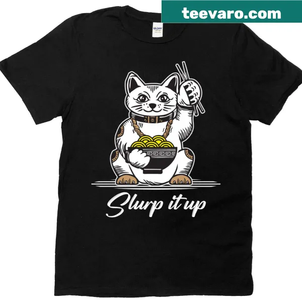 Cartoon cat enjoying a bowl of ramen graphic