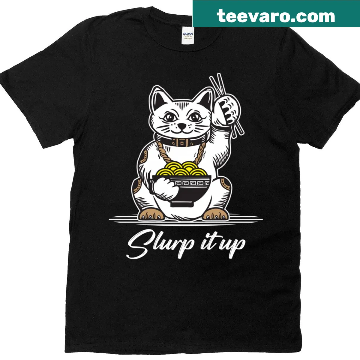 Cartoon cat enjoying a bowl of ramen graphic — on a men's t-shirt