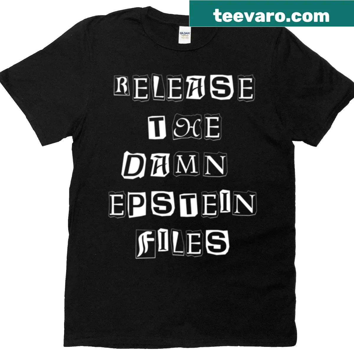 T-shirt with the phrase Release The Epstein Files in ransom note style — on a men's t-shirt