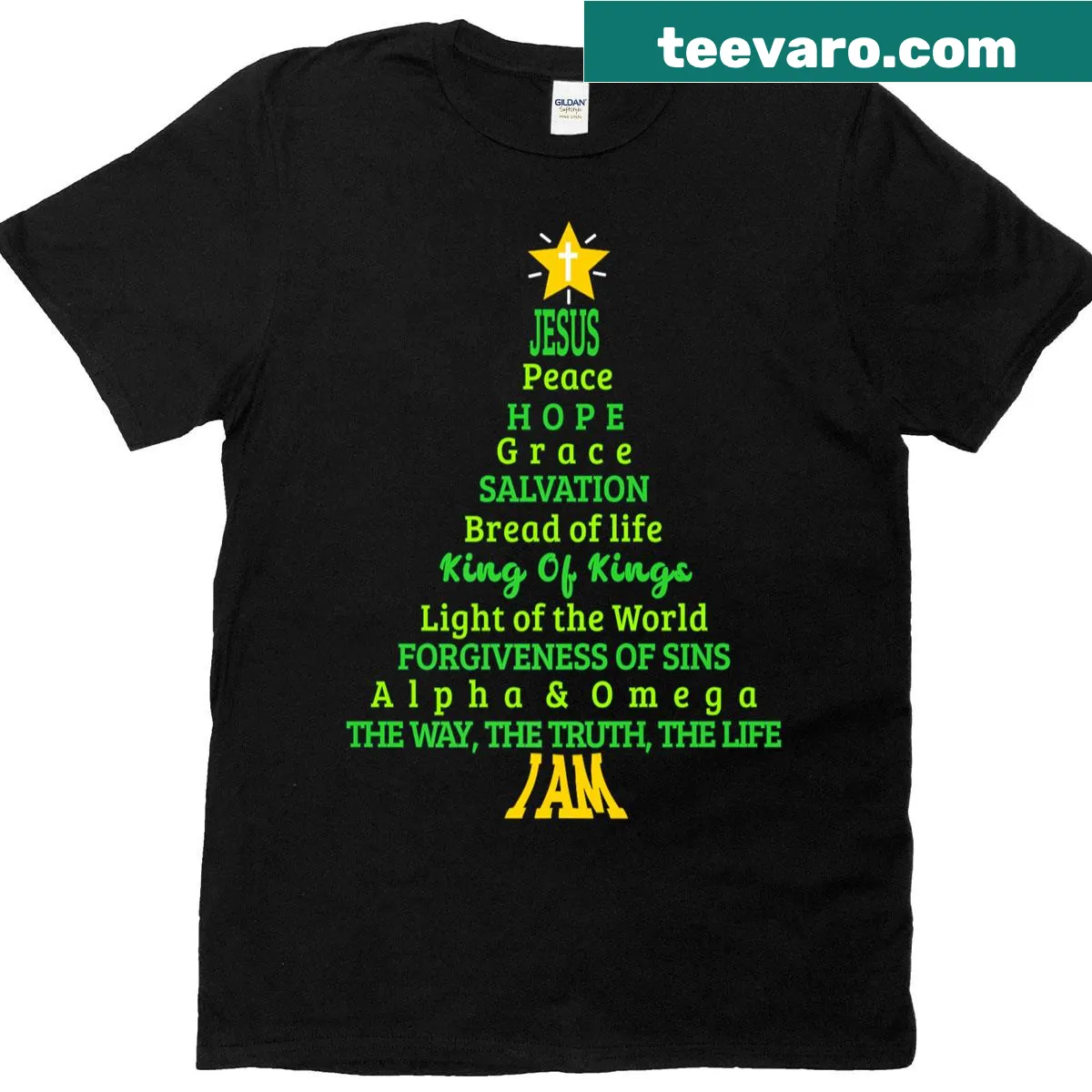 Illustrated Christmas tree with religious symbols and Jesus design — on a men's t-shirt