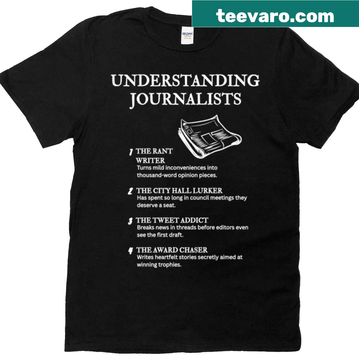 Funny journalist graphic t-shirt highlighting reporter problems — on a men's t-shirt