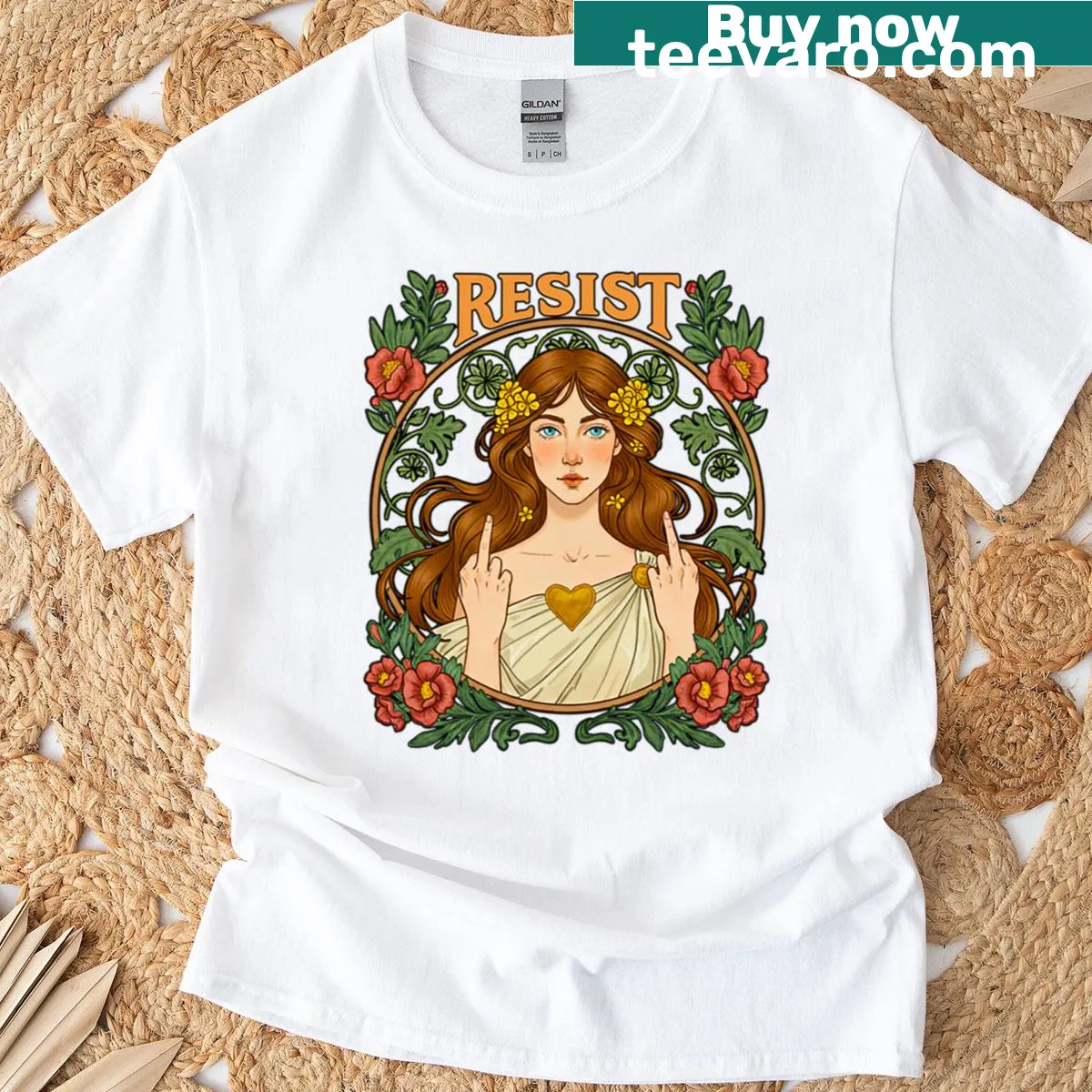 Art Nouveau T-shirt with an illustrated woman and floral design — on a men's t-shirt