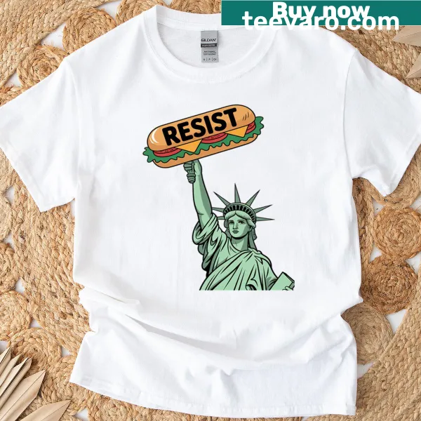 Funny oversized t-shirt with 'Resist Injustice' and sub sandwich graphic.