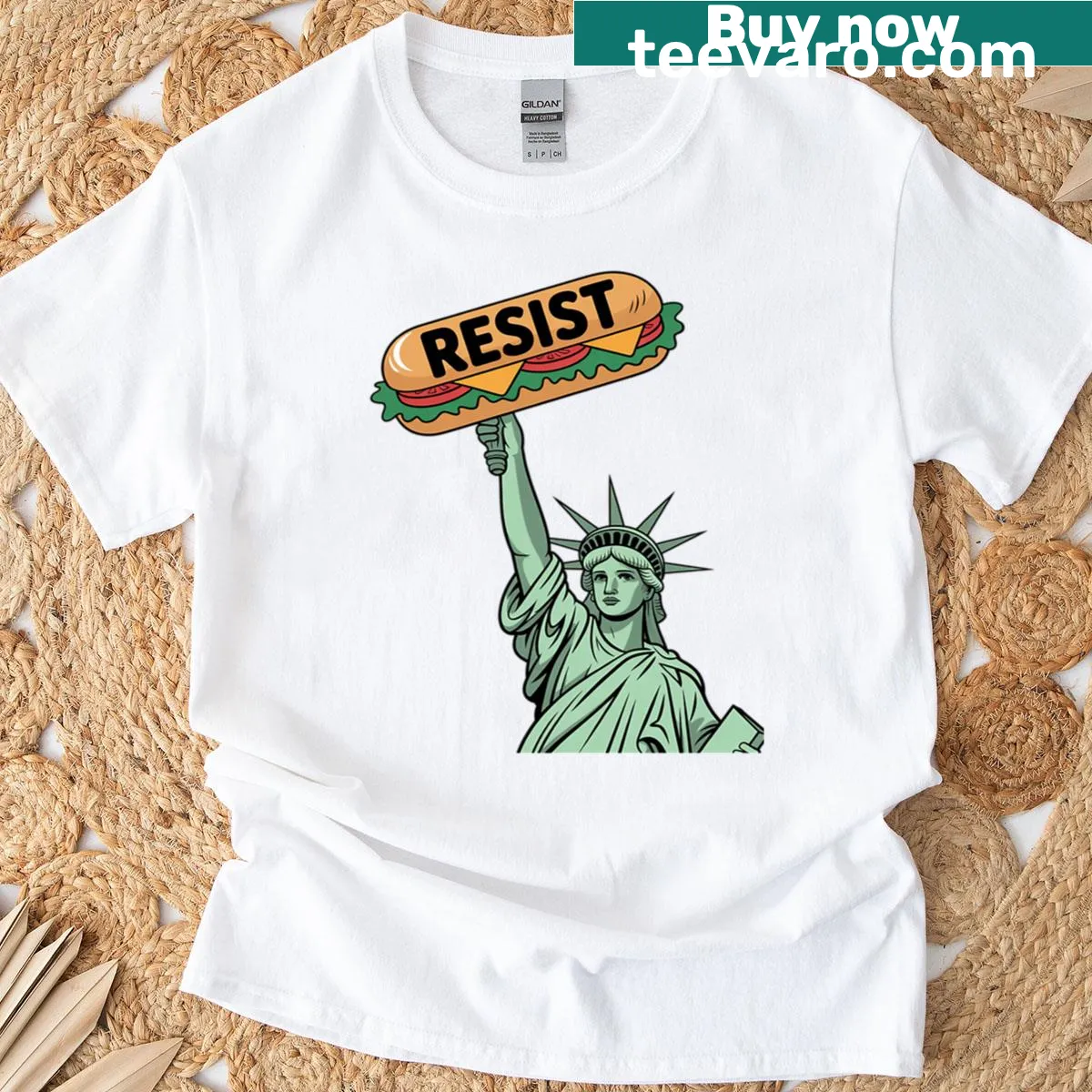 Funny oversized t-shirt with 'Resist Injustice' and sub sandwich graphic. — on a men's t-shirt